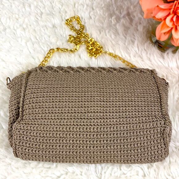 Crocheted Tan of Gold Strap Crossbody Bag Purse Handbag Medium Size - Picture 7 of 9